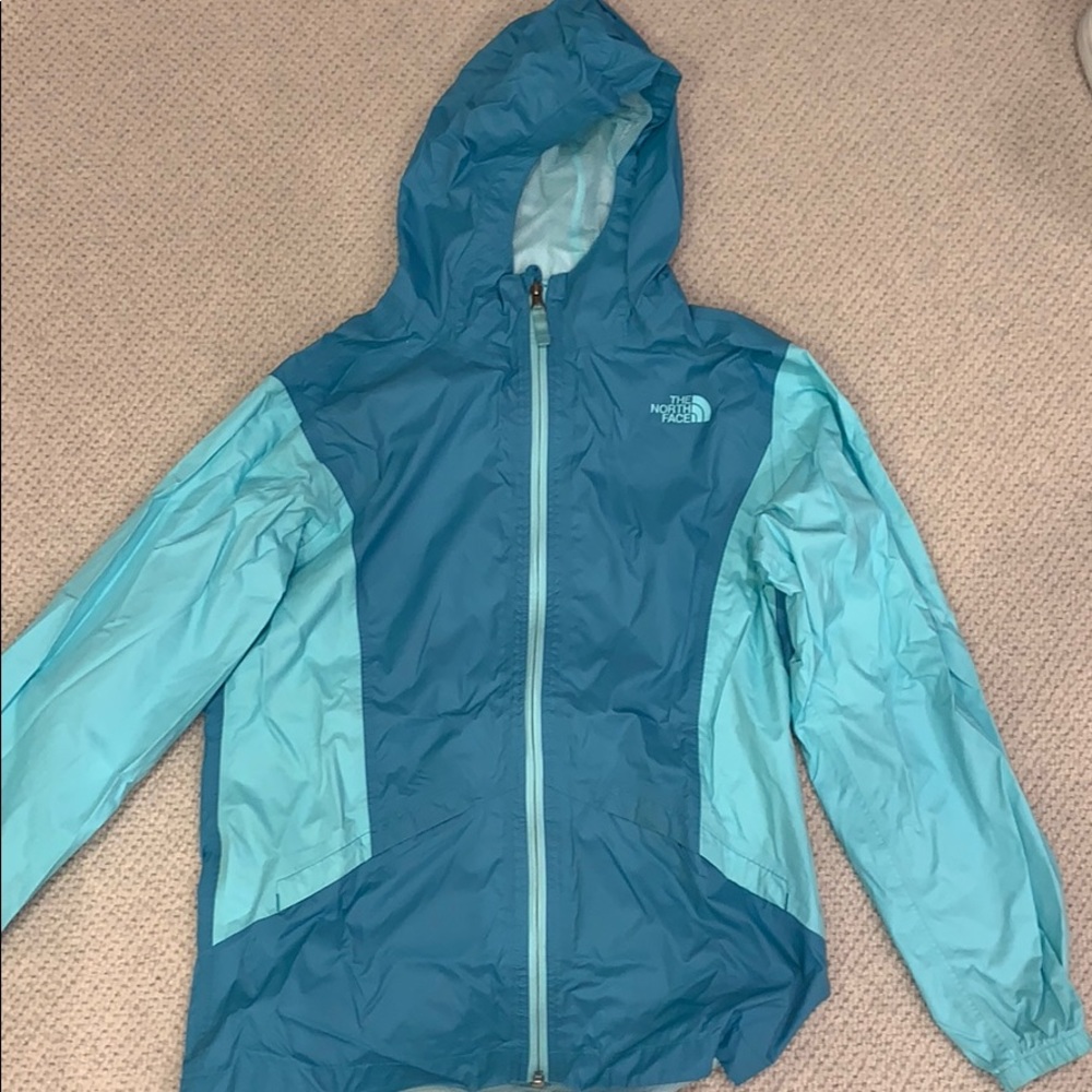 Aqua blue North Face rain coat